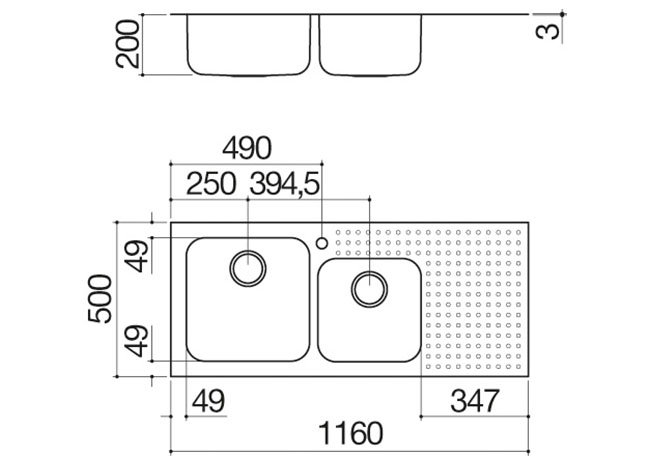 Fiche technique - Évier Select à encastrement de 116x50 2 cuves + plan d'appui