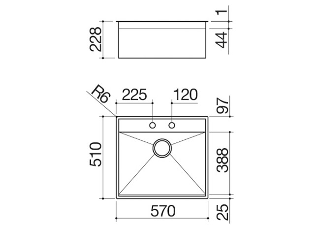 Fiche technique - Évier Lab 316 à encastrement, au ras du plan et sous plan de 57x51 1 cuve avec abaissement
