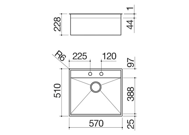 Technisches Datenblatt - Spülbecken Lab 57x51 Einbau flächenbündig und Unterbau 