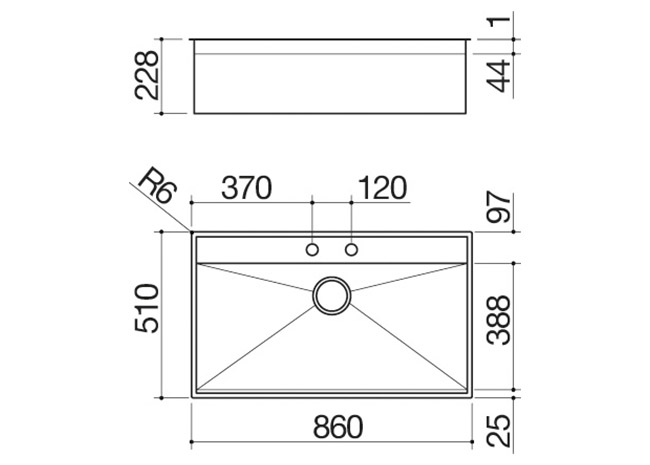 Technisches Datenblatt - Spülbecken Lab 316 86x51 Einbau flächenbündig und Unterbau 