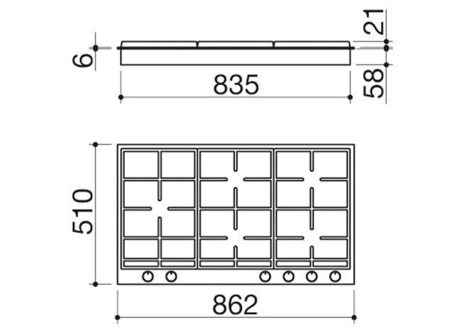 Fiche technique - Table de cuisson B_Free à encastrement de 90 3 gaz + double couronne Chef + double couronne 4 kW