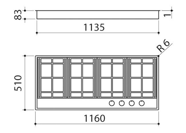 Fiche technique - Table de cuisson Lab Evolution à encastrement et au ras du plan de 120 3 gaz + double couronne Flat Eco-Design