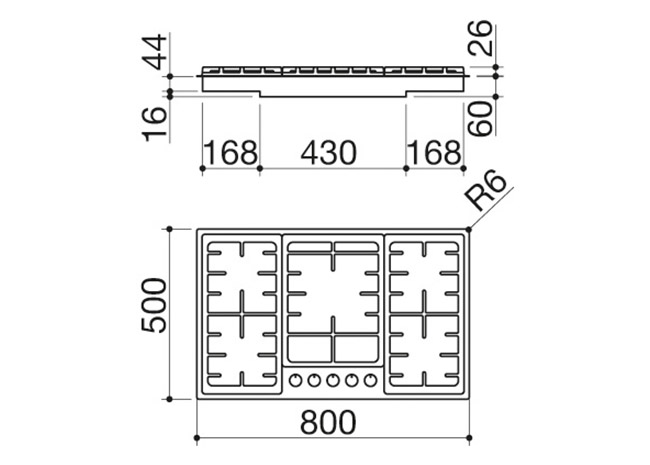 Fiche technique - Table de cuisson Officina à encastrement et au ras du plan de 80 4 gaz + double couronne