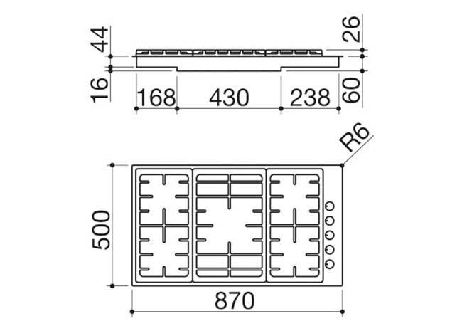 Fiche technique - Table de cuisson Officina à encastrement et au ras du plan de 90 4 gaz + double couronne