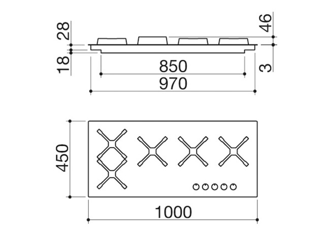 Fiche technique - Table de cuisson Select Plus à encastrement de 100 2 gaz + 2 gaz poissonnière + triple couronne