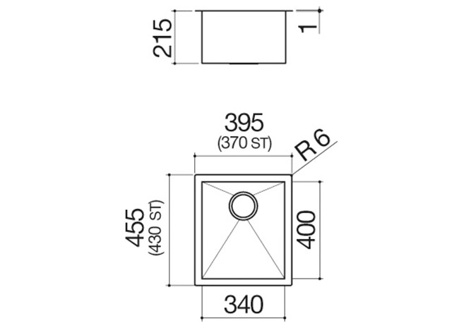 Technisches Datenblatt - Rechteckiges Spülbecken 34x40 R. “0” 