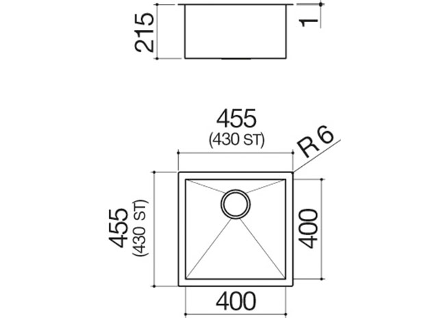 Technisches Datenblatt - Rechteckiges Spülbecken 40x40 R. “0” 