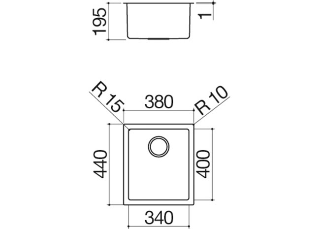 Technisches Datenblatt - Rechteckiges Spülbecken 34x40 R. “15” 