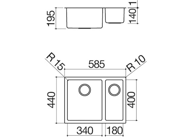 Technisches Datenblatt - Rechteckiges Doppelspülbecken 58,5x44 R. “15” 