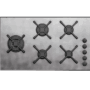 Piano cottura a gas, rettangolare, in acciaio inox finitura vintage dotato di cinque fuochi, griglie in ghisa e cinque manopole di accensione nere posizionate sul lato destro