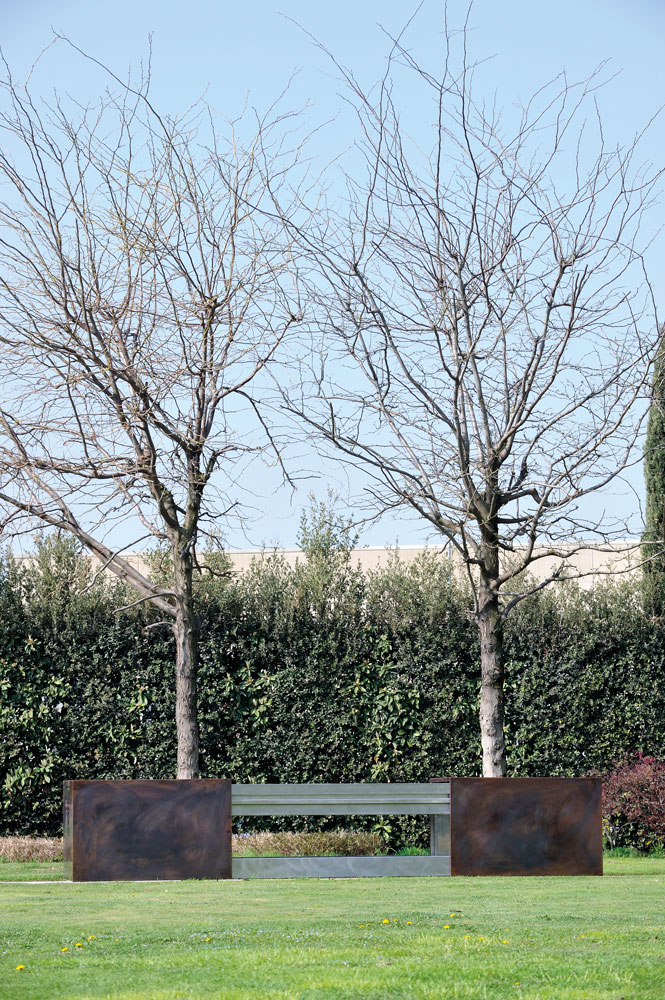 Piano cottura in acciaio posizionato all'aperto fra due alberi