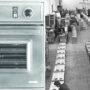 Foto storica di un reparto di produzione con a sinistra un forno della collezione vintage in esposizione.