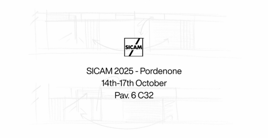 Foglio su cui figurano degli schizzi di piani di lavoro, con la scritta "SICAM 2025-Pordenone 14th-17th October Pav. 6 C32" in sovrimpressione.