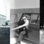 Collage di 3 immagini vintage in bianco e nero: esterno dell’azienda, persona seduta in macchina con porta aperta, persona seduta su uno scooter d’epoca