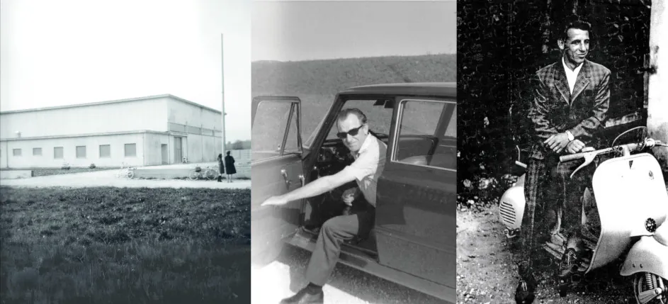 Collage di 3 immagini vintage in bianco e nero: esterno dell’azienda, persona seduta in macchina con porta aperta, persona seduta su uno scooter d’epoca