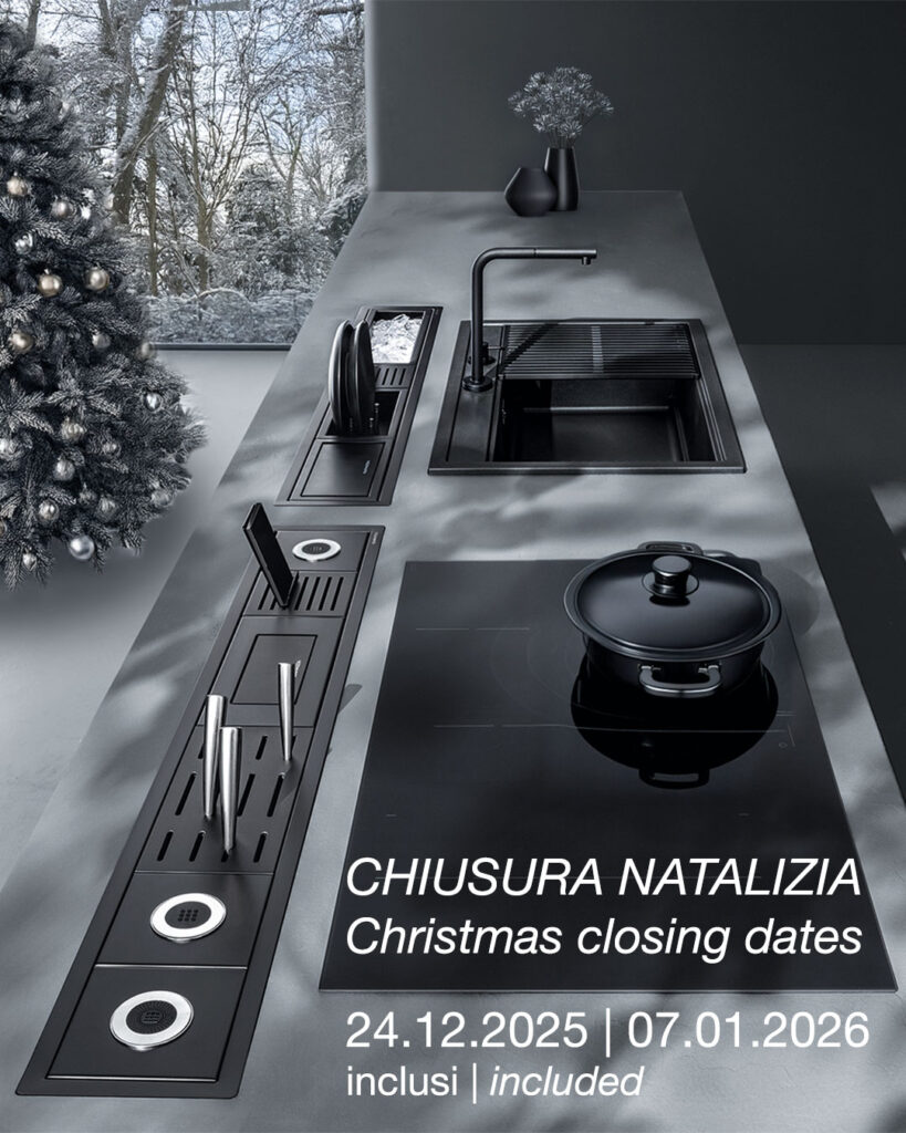 Volantino su cui figurano un piano di lavoro da cucina e in sovrimpressione le date della chiusura natalizia dell'azienda.