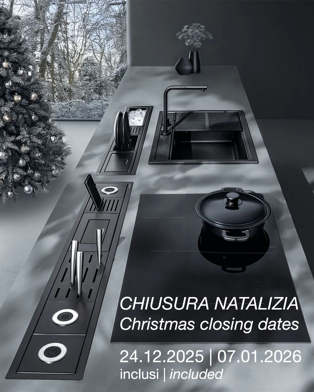 Volantino su cui figurano un piano di lavoro da cucina e in sovrimpressione le date della chiusura natalizia dell'azienda.